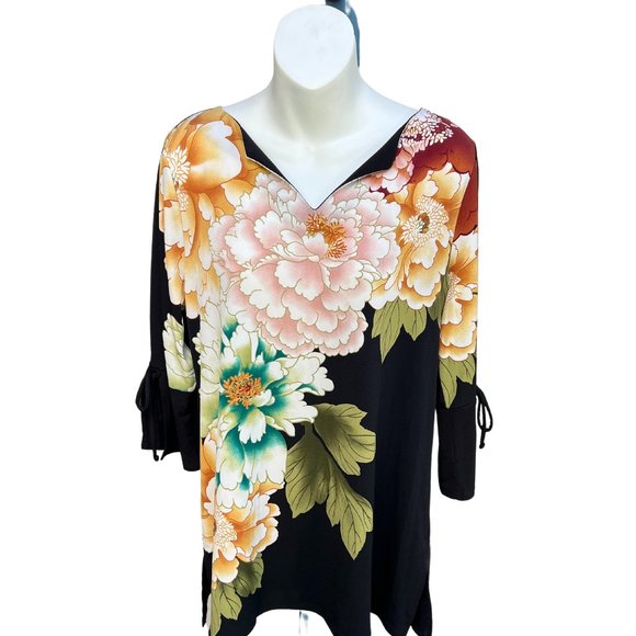 Chico's Large Floral Tunic Top Bell Sleeve V-Neck Pullover Black Multi Size 1 - Picture 1 of 8